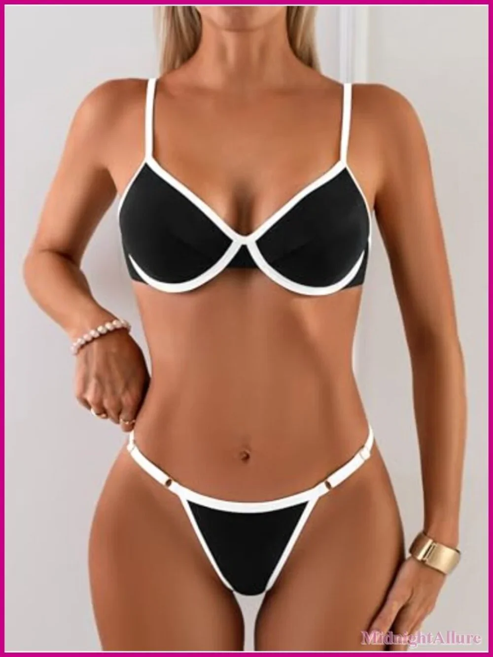 Underwire Thong Bikini Set Push Up Swimsuit High Cut Contrast Binding Two Piece